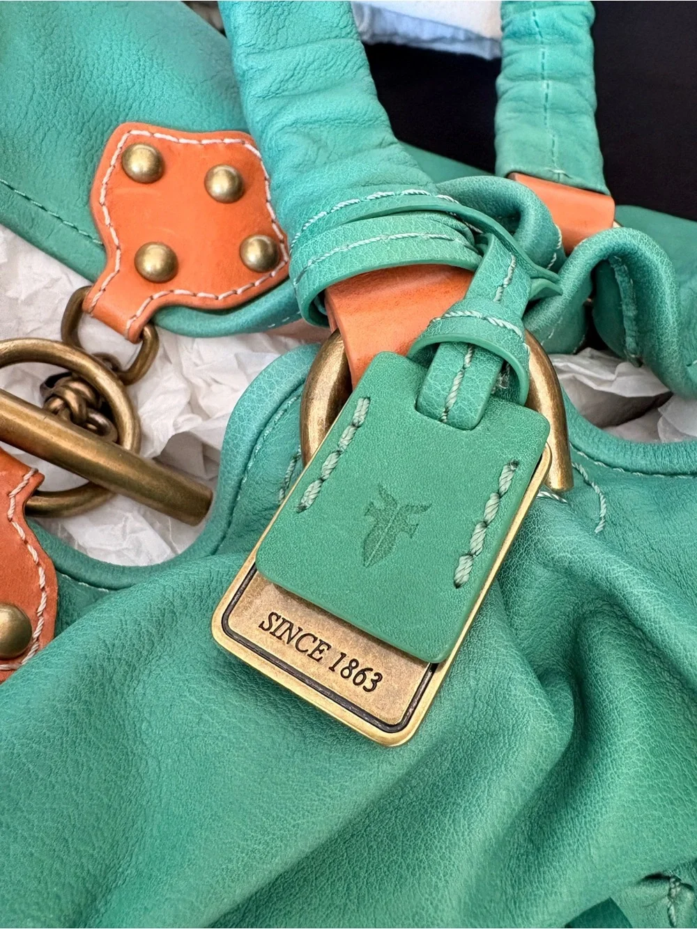 RARE Y2K Frye Turquoise Leather Ruched-Handle Shoulder Bag with Brass Hardware
